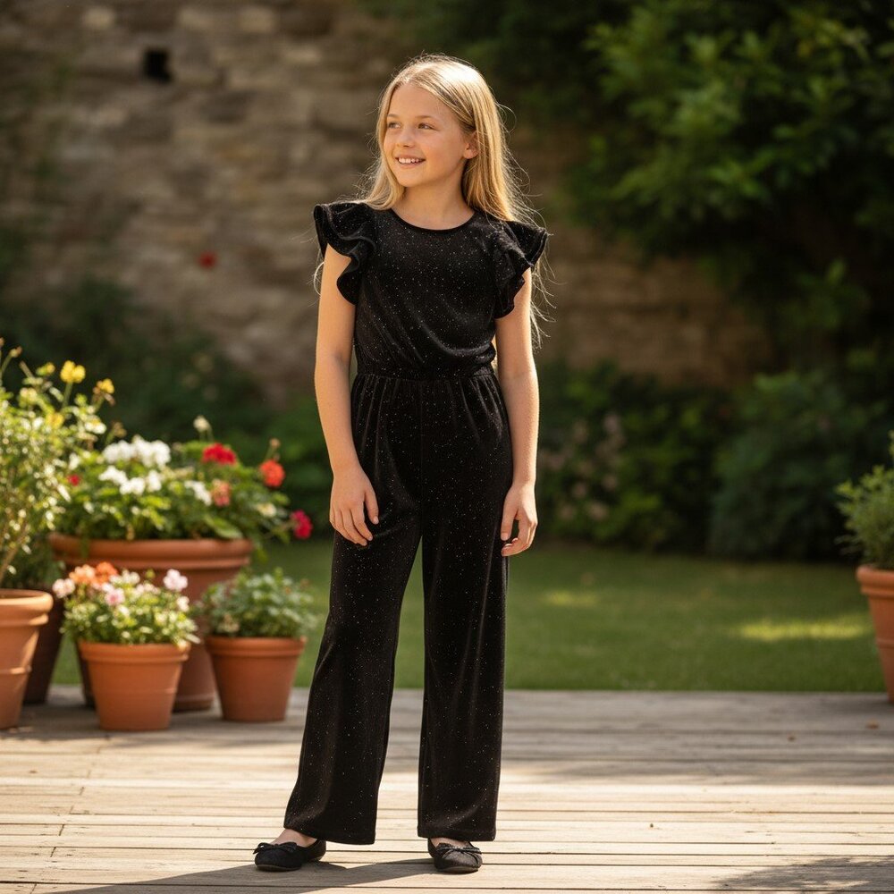 Crewcuts Girls Black Velvet Glitter Jumpsuit Size 12